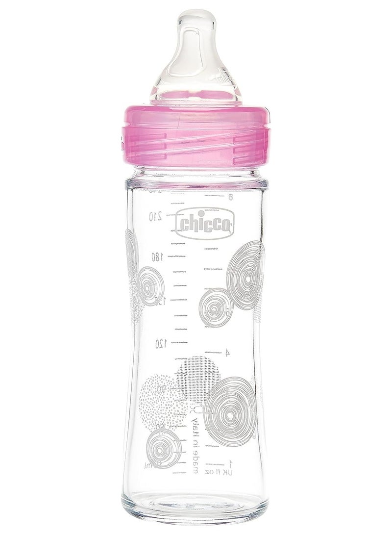 Chicco Well-Being Glass Bottle 240ml Slow Flow 0M+ Silicone, Pink