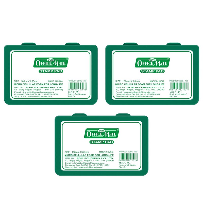 Office Mate Soni OfficeMate Medium Stamp Pad – Green | 108mm x 65mm | Crisp, Long-Lasting Impressions | Quick-Drying, Smudge-Free Ink | Durable & Refillable | Ideal for Office, Craft & DIY Projects | Pack of 3 - Image 1