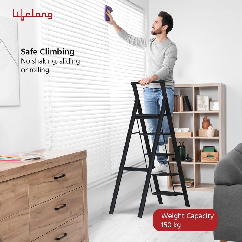 Decorhills Lifelong 5 Steps Steel Ladder with Handle - Foldable & Portable Step Stool for Home, Kitchen, Bathroom & Office - 150 Kg Capacity - Image 2
