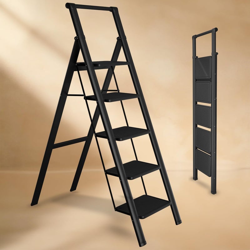 Decorhills Lifelong 5 Steps Steel Ladder with Handle - Foldable & Portable Step Stool for Home, Kitchen, Bathroom & Office - 150 Kg Capacity - Image 1