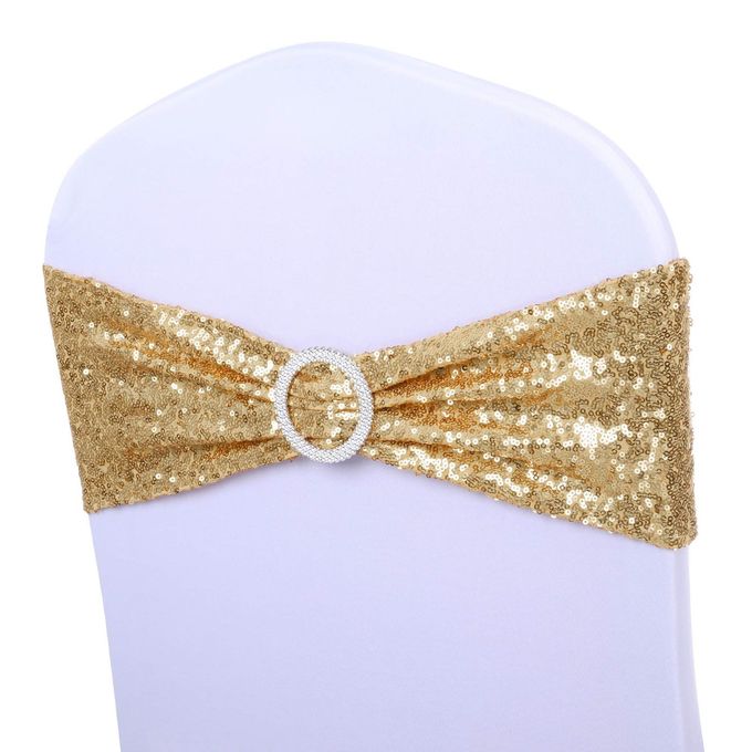 PACK OF 50 ALL AROUND GOLD SEQUIN CHAIR SASHES WITH BOWS STRETCHY SPANDEX DECORATIVE SHINY SPARKLY SASH BAND FOR BANQUET CHAIR COVER ROMANTIC WEDDING PARTY CEREMONY HOME DECORATION LIGHT GOLD
