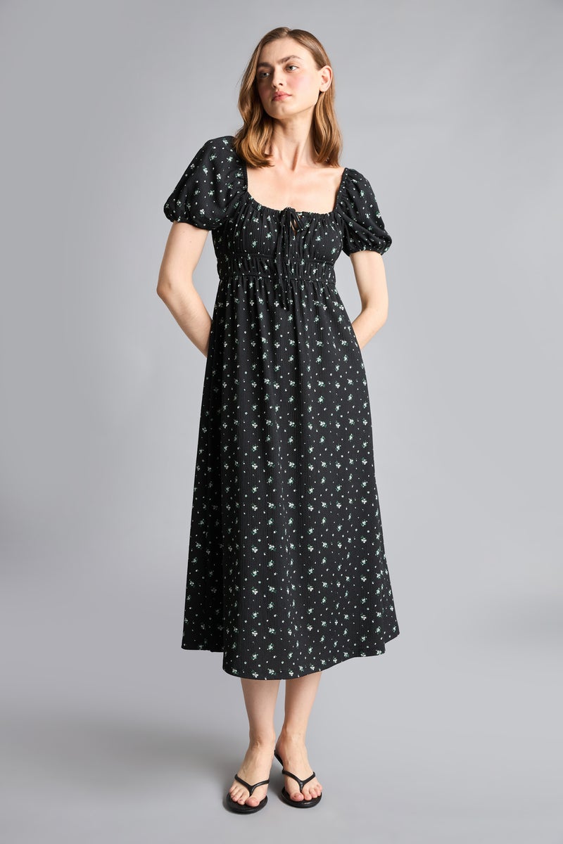 DeFacto Black Woman Square Collar Printed Midi Dress Casual - Image 1
