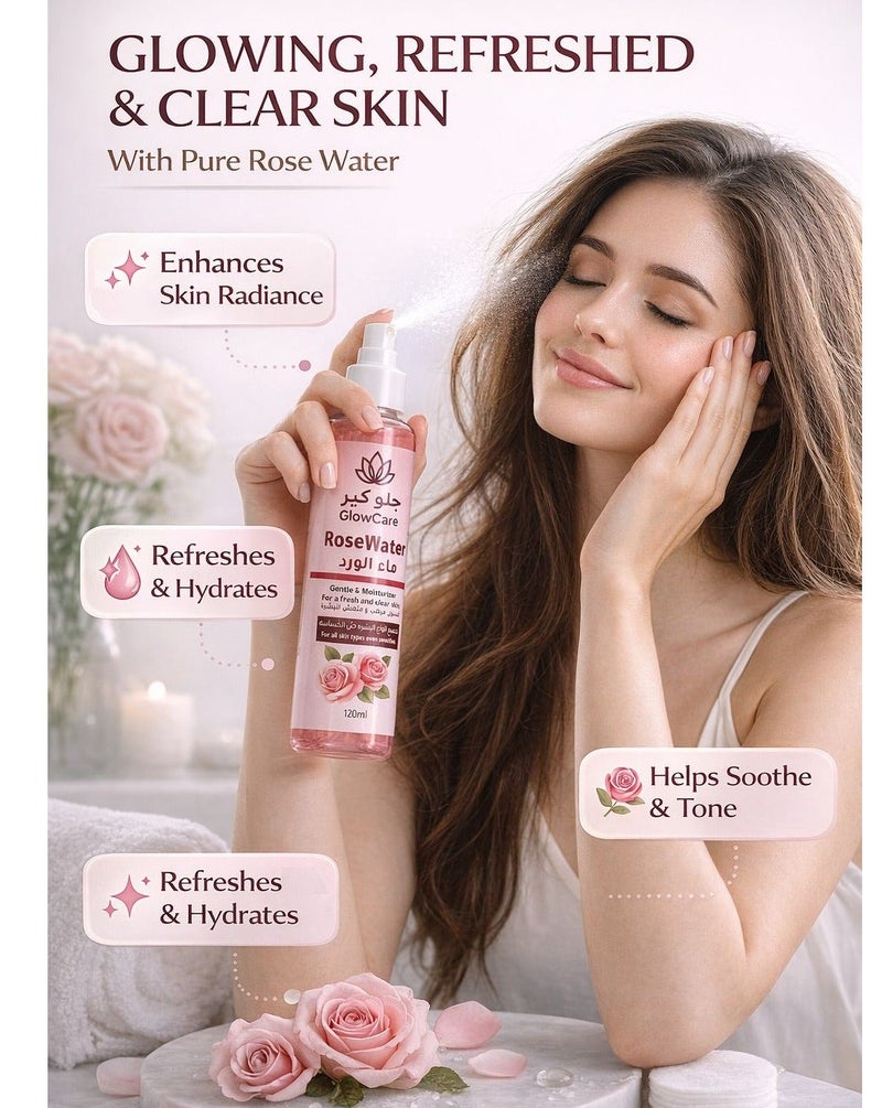 GlowCare Rose Water Gentle & Moisturizer For A Fresh And Clear Skin For All Skin Types Even Sensitive 120ml - Image 2