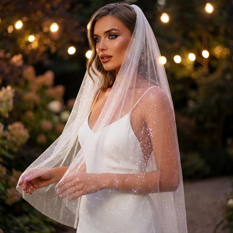 Unsutuo 1 Tier Glitter Wedding Veil Fingertip Length Bachelorette Party Veil Sparkle Bridal Veil for Women and Girls (Ivory) - Image 3