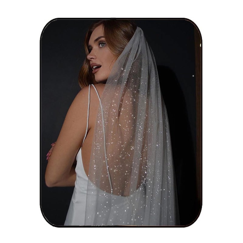 Unsutuo 1 Tier Glitter Wedding Veil Fingertip Length Bachelorette Party Veil Sparkle Bridal Veil for Women and Girls (Ivory) - Image 1