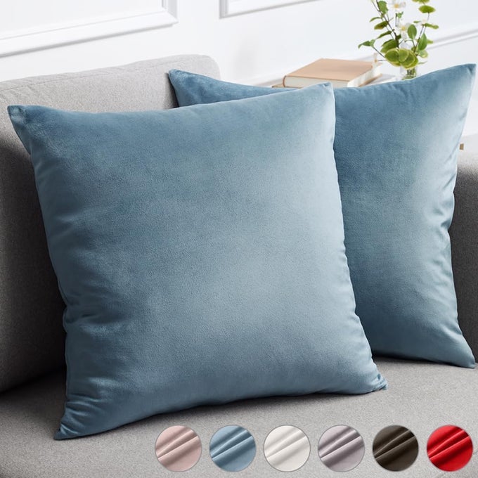 VELVET THROW PILLOW COVERS SET OF 2 18X18 DECORATIVE SQUARE PILLOWS HOME DECOR SOFT ACCENT CASES SILKY MACHINE WASHABLE PILLOWCASES FOR SOFA COUCH BEDROOM LIVING ROOM STONE BLUE