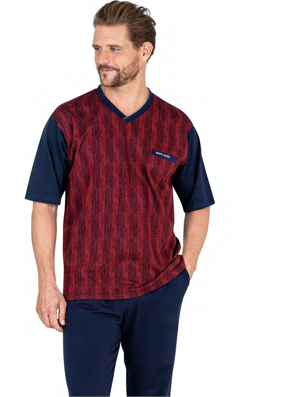 بيير كاردان 6052 Men's Short Sleeve Jacquard 3-Piece Pajama Set-Burgundy