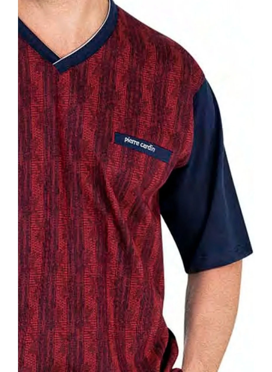 pierre cardin 6052 Men's Short Sleeve Jacquard 3-Piece Pajama Set-Burgundy