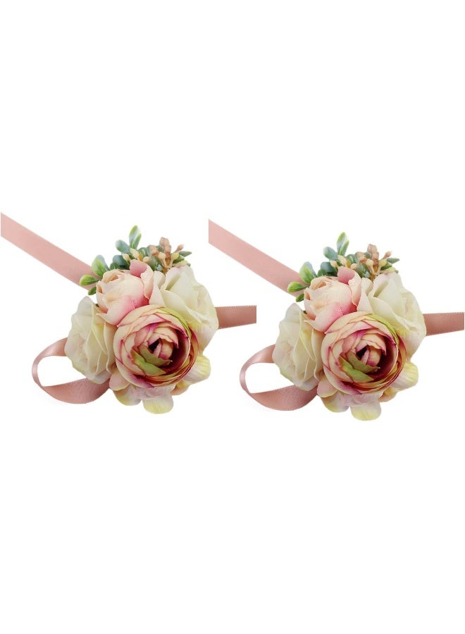 USIX 2pc Pack-Handmade Artificial Peony Flower Wrist Corsage with Satin Wristband for Girl Bridesmaid Wedding Party Prom Flower Corsage Hand Flower (Pink Wrist Corsage x2)