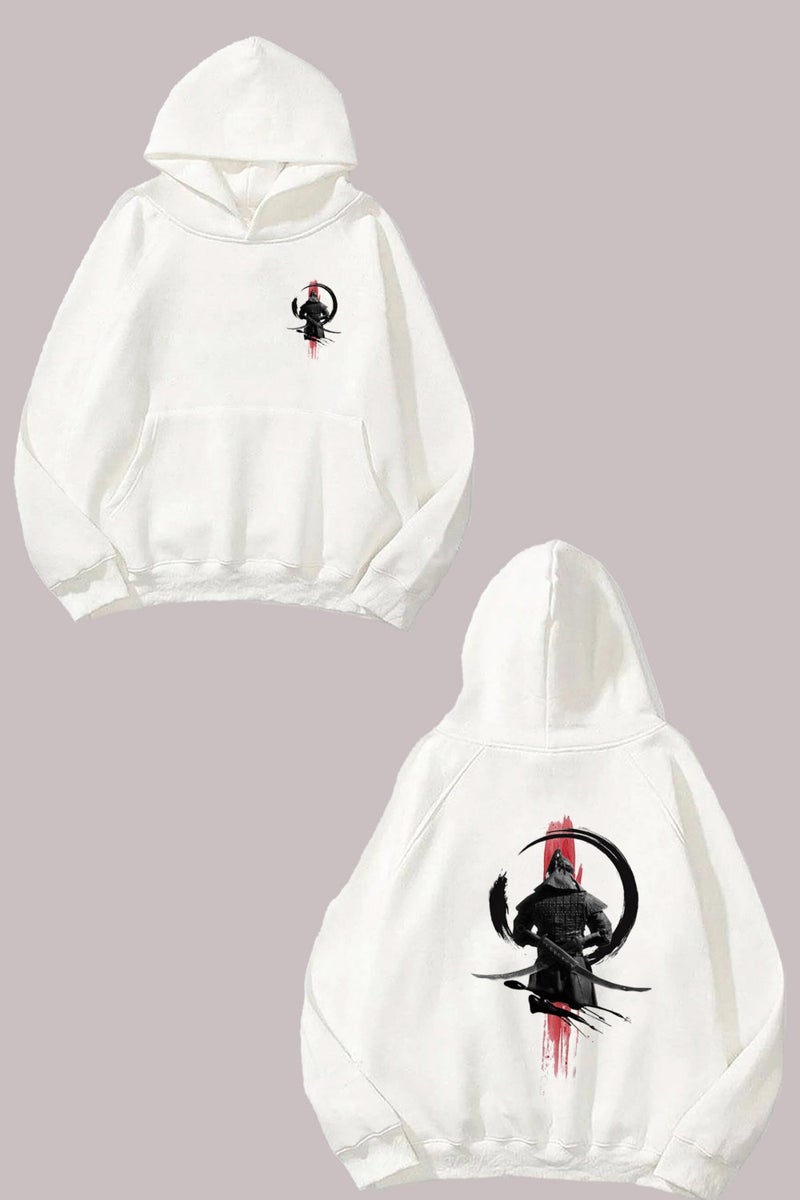 Unisex Samurai Japanese Katana Design Front Back Printed Regular Fit White Sweatshirt