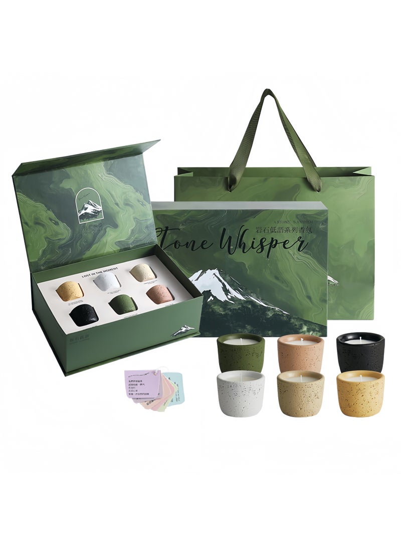 مجموعة هدايا من الشموع المعطرة، 6 قطع من سلسلة ستون ويسبر، برائحة تندرا أيسلندا، جليد البحيرة الزرقاء، غابة التنوب، شاطئ الرمال السوداء، الثلج الوردي الألبي، سماء الشمبانيا سانت موريتز، عطر منزلي فاخر للهدايا، العطلات، أعياد الميلاد - Image 1