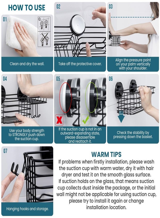 TAILI Shower Caddy Suction Cup 2 Pack with Hooks & Soap holder, Heavy Duty Shower Organizer for Bathroom, No Drilling Bathroom Organizer with Large Capacity, Black Metal Storage Basket - Image 4