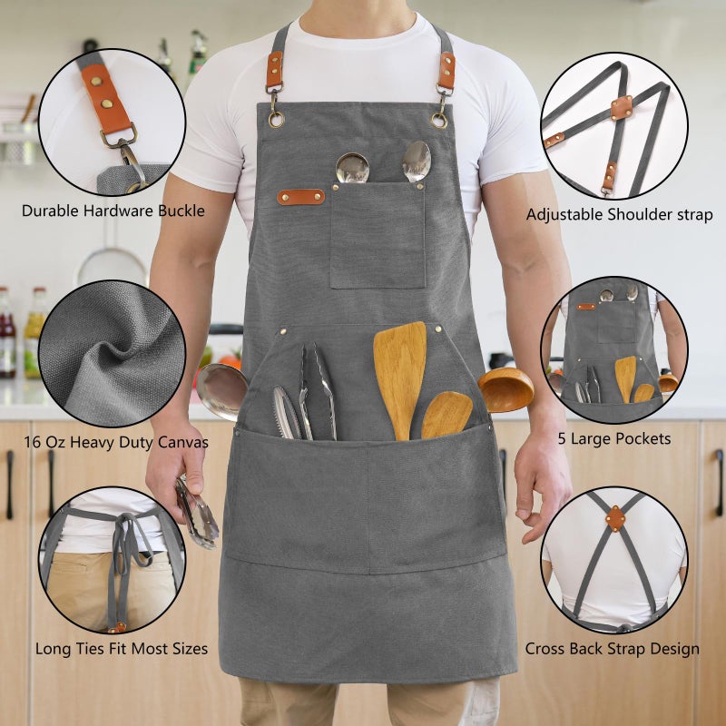 Aoomzoon Canvas Aprons for Men Chef Apron, Work Apron with Large Pockets - Durable 16oz Heavy Duty Cross Back, BBQ, Cooking (Gray, 1 Pack) - Image 3