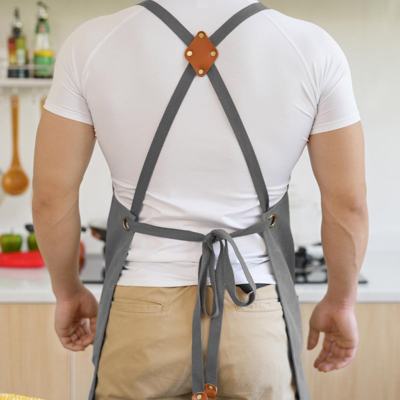 Aoomzoon Canvas Aprons for Men Chef Apron, Work Apron with Large Pockets - Durable 16oz Heavy Duty Cross Back, BBQ, Cooking (Gray, 1 Pack) - Image 4