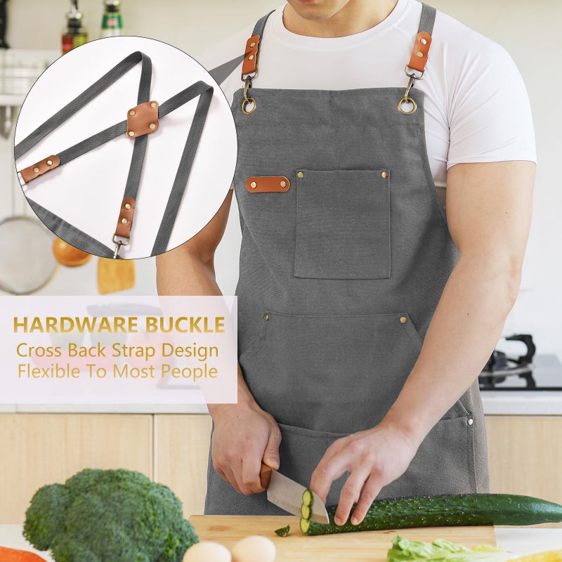 Aoomzoon Canvas Aprons for Men Chef Apron, Work Apron with Large Pockets - Durable 16oz Heavy Duty Cross Back, BBQ, Cooking (Gray, 1 Pack) - Image 2