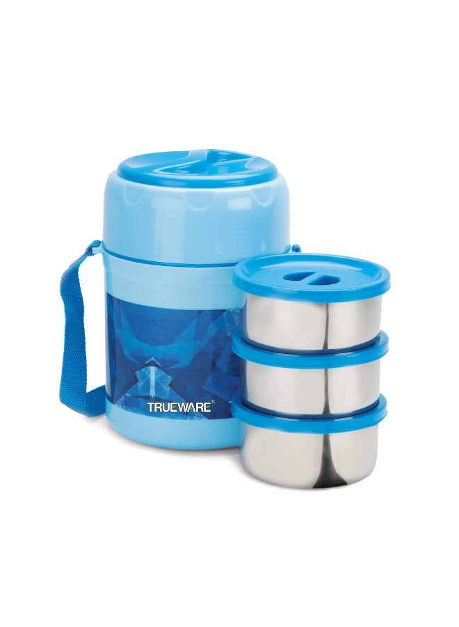 TRUEWARE Office Plus 3 Lunch Box with 3 Stainless Steel Container,300ml X3 Sky Blue | PU Insulated | Lunch Box | Tiffin | Hot lunch box | Leak Proof | Easy to Carry | Hot & Cold Food Grade | BPA Free | Stainless Steel Dabbi | Office | Outdoors | For Men, Women, and Kids - Image 1