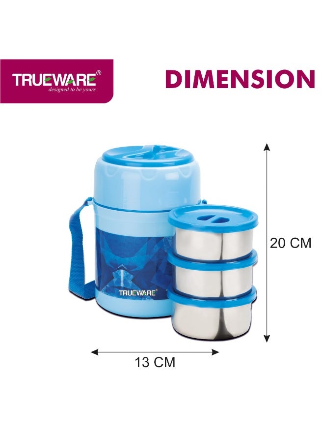 TRUEWARE Office Plus 3 Lunch Box with 3 Stainless Steel Container,300ml X3 Sky Blue | PU Insulated | Lunch Box | Tiffin | Hot lunch box | Leak Proof | Easy to Carry | Hot & Cold Food Grade | BPA Free | Stainless Steel Dabbi | Office | Outdoors | For Men, Women, and Kids - Image 2
