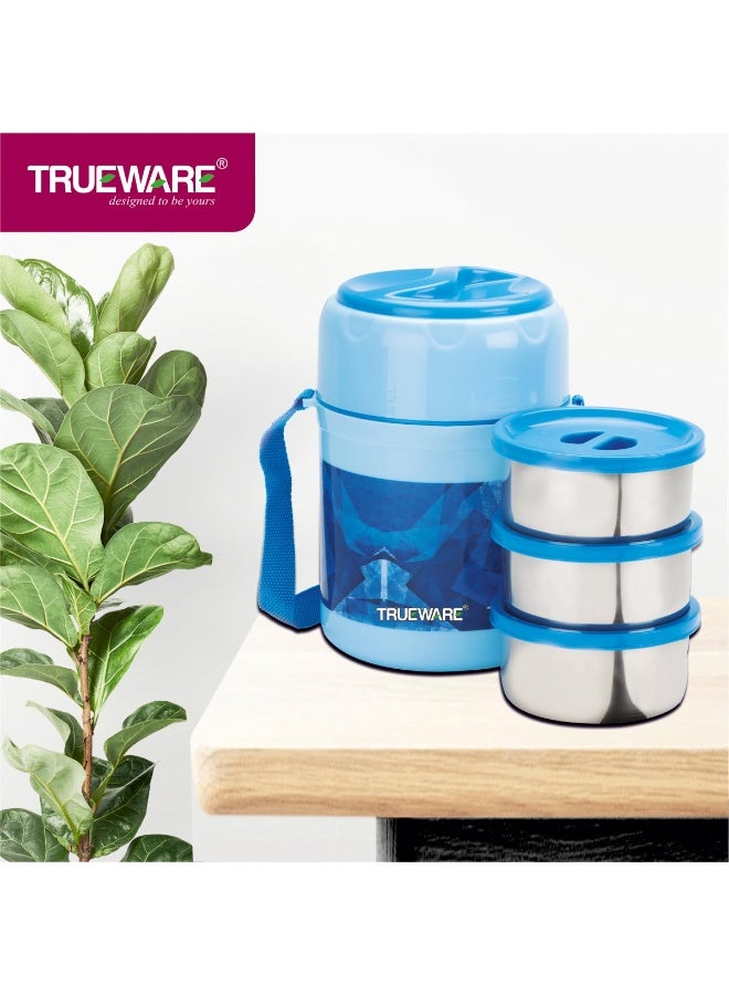 TRUEWARE Office Plus 3 Lunch Box with 3 Stainless Steel Container,300ml X3 Sky Blue | PU Insulated | Lunch Box | Tiffin | Hot lunch box | Leak Proof | Easy to Carry | Hot & Cold Food Grade | BPA Free | Stainless Steel Dabbi | Office | Outdoors | For Men, Women, and Kids - Image 4