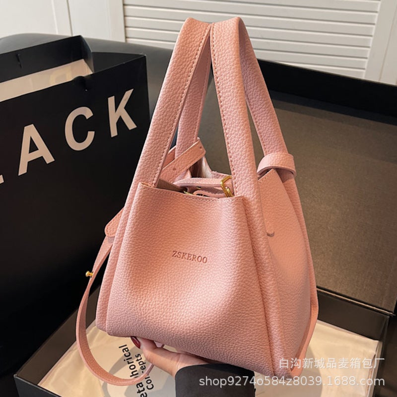 New Fashion Niche Design Portable Food Basket Bucket Bag Women'S Casual One-Shoulder Bag With Litchi Pattern - Image 3