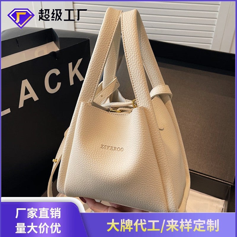 New Fashion Niche Design Portable Food Basket Bucket Bag Women'S Casual One-Shoulder Bag With Litchi Pattern - Image 2