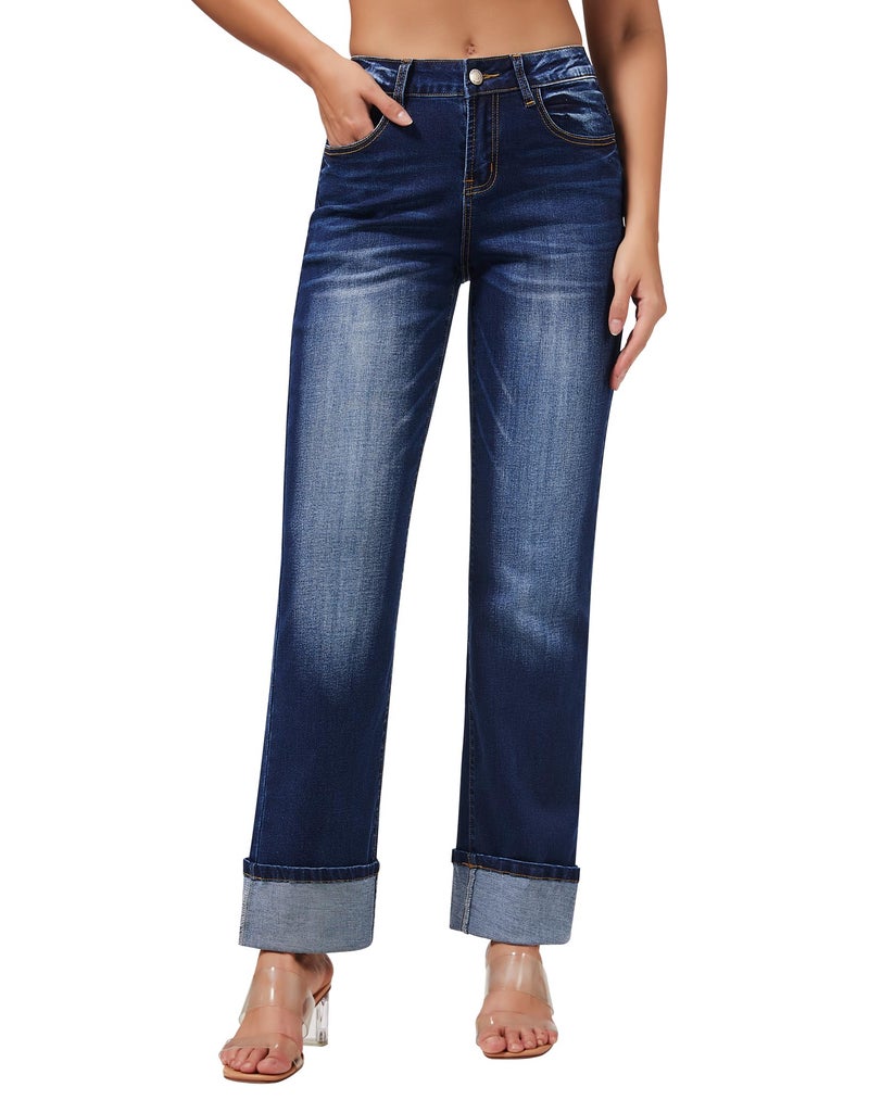 roswear Womenâ€™s Straight Leg Jeans High Waisted Boyfriend Stretchy Cuffed Denim Pants Dark Blue Large - Image 1