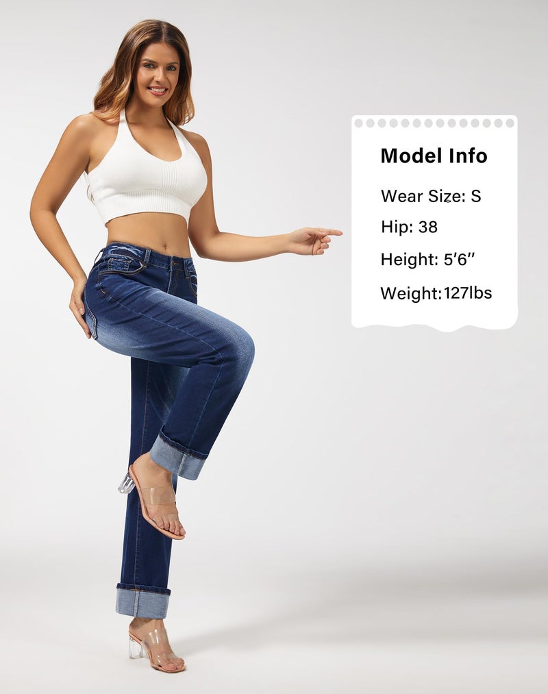 roswear Womenâ€™s Straight Leg Jeans High Waisted Boyfriend Stretchy Cuffed Denim Pants Dark Blue Large - Image 4