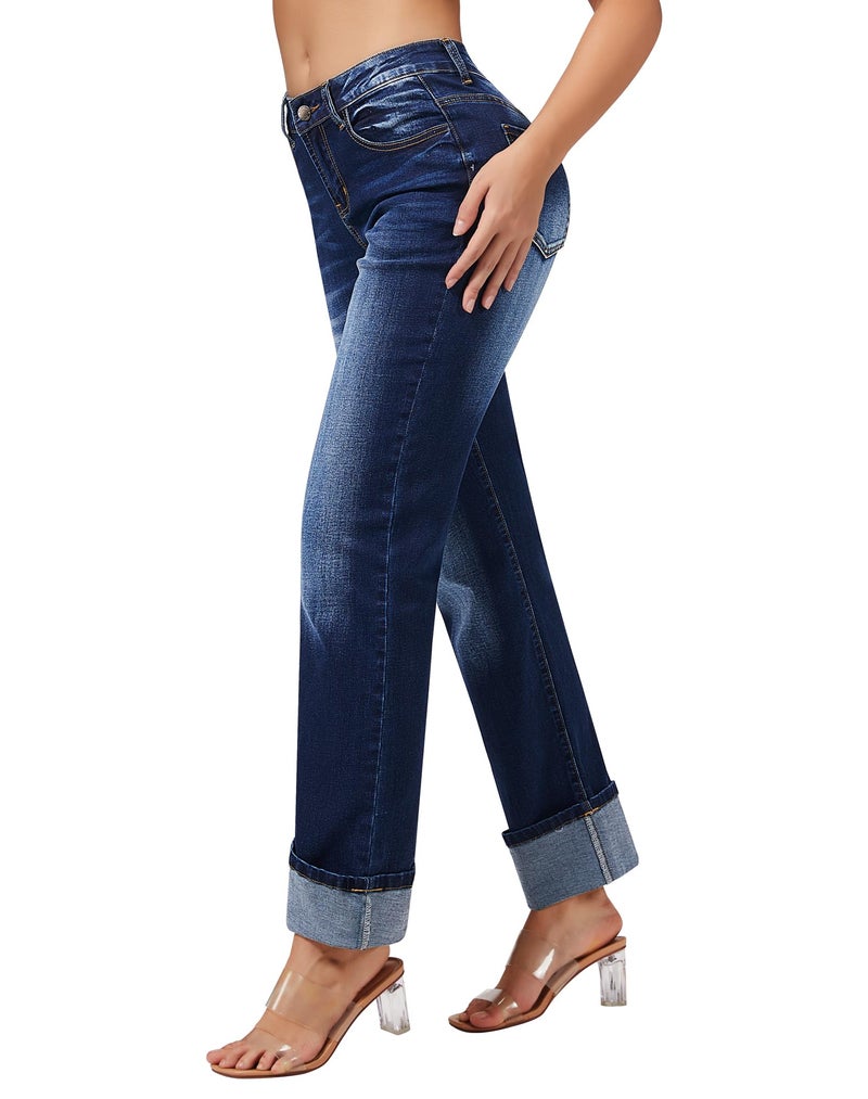 roswear Womenâ€™s Straight Leg Jeans High Waisted Boyfriend Stretchy Cuffed Denim Pants Dark Blue Large - Image 2