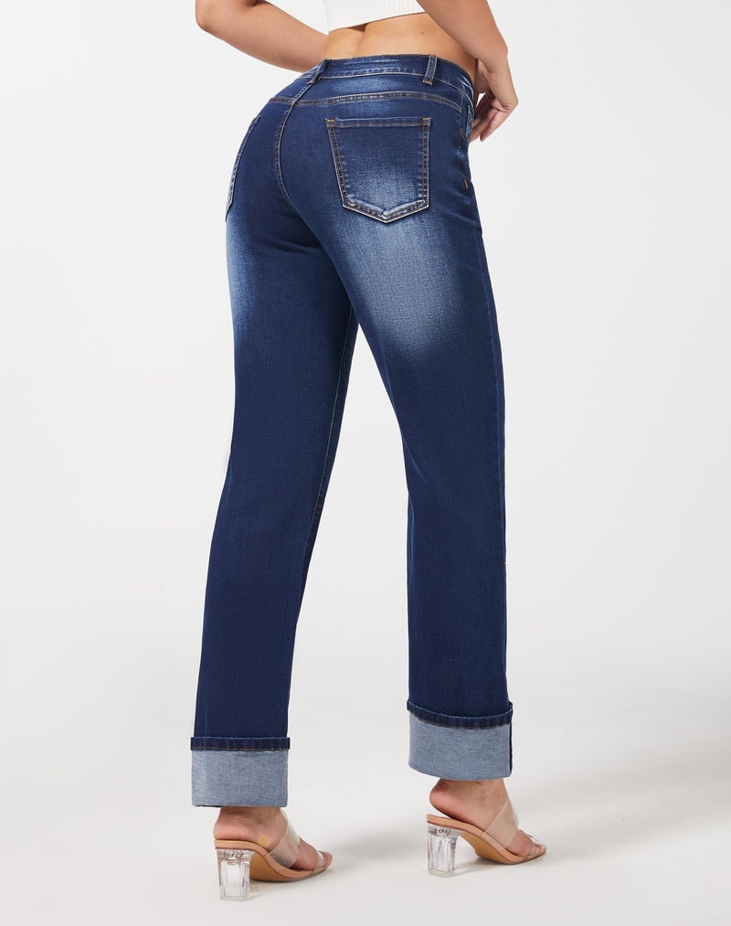 roswear Womenâ€™s Straight Leg Jeans High Waisted Boyfriend Stretchy Cuffed Denim Pants Dark Blue Large - Image 3