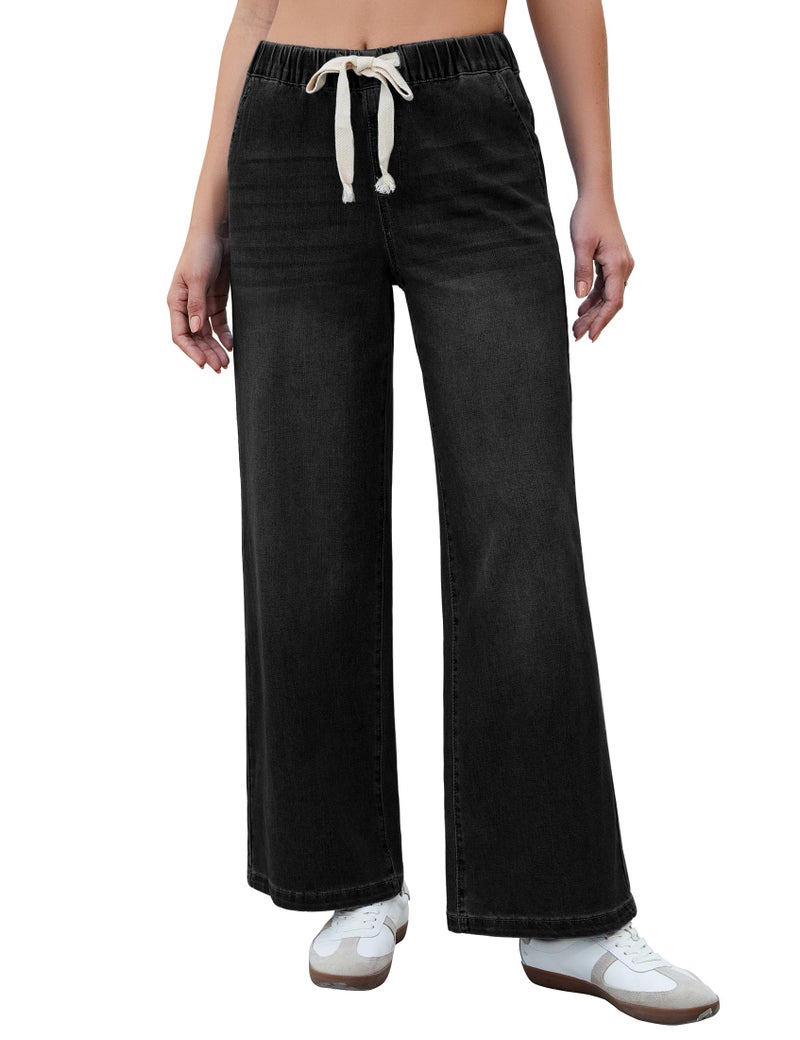 luvamia Wide Leg Jeans Woman High Waisted Trendy Pull On Elastic Waist Drawstring Stretchy Denim Jean Pants with Pockets Baggy Pants Women Iconic Black Medium Fits Size 8 Size 10 - Image 1