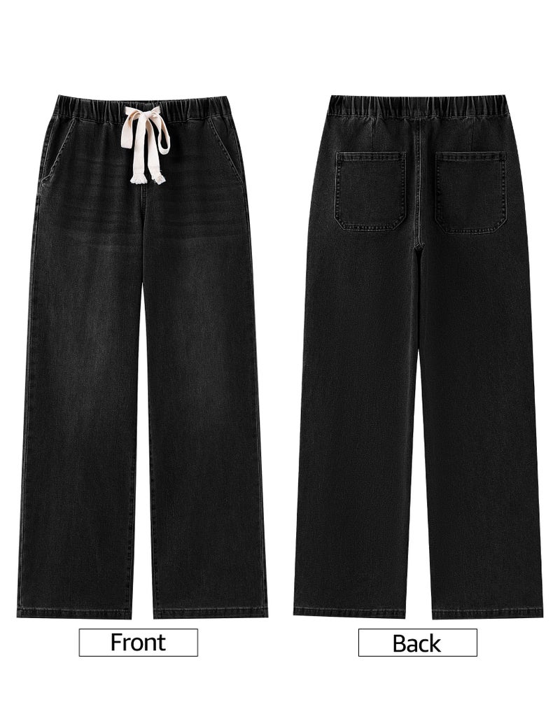 luvamia Wide Leg Jeans Woman High Waisted Trendy Pull On Elastic Waist Drawstring Stretchy Denim Jean Pants with Pockets Baggy Pants Women Iconic Black Medium Fits Size 8 Size 10 - Image 5
