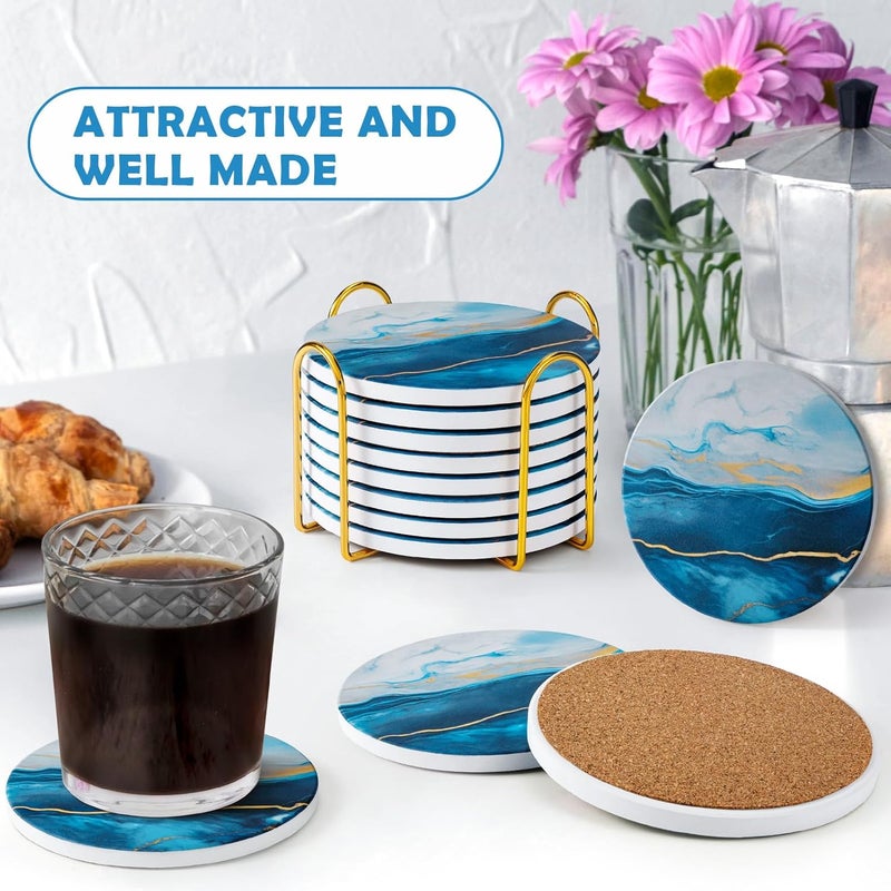 GOH DODD Coasters for Drinks Set of 8, Absorbent Marble Style Ceramic Coaster Tabletop Protection Home Decor with Metal Holder for Coffee Table, Housewarming Gifts Wedding Party, Blue, Round, 4 Inches - Image 2