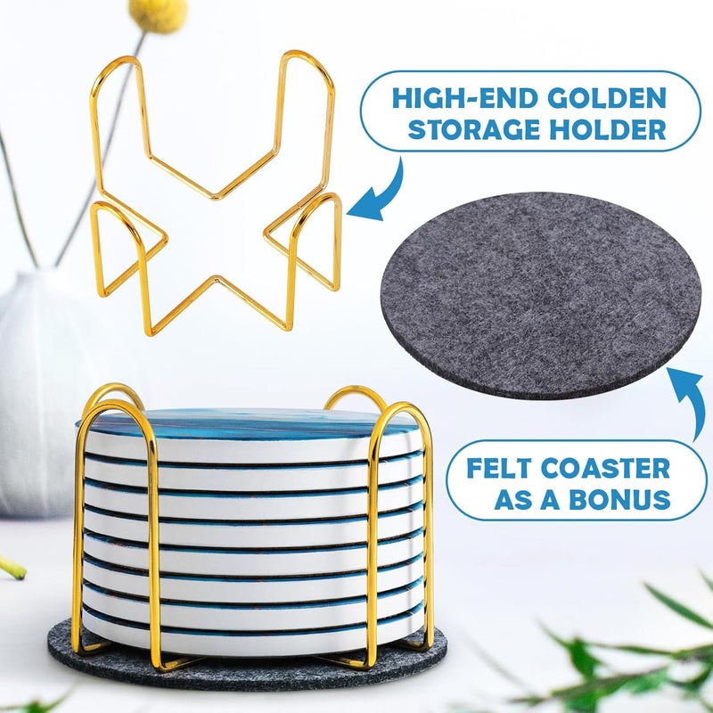 GOH DODD Coasters for Drinks Set of 8, Absorbent Marble Style Ceramic Coaster Tabletop Protection Home Decor with Metal Holder for Coffee Table, Housewarming Gifts Wedding Party, Blue, Round, 4 Inches - Image 5