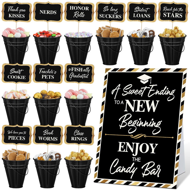 Jingmore 12 Set 2026 Graduation Candy Buffet Party Decoration Graduation Table Candy Bar Snack Labels Signs and 5'' Buckets with Handle for Class of 2026 Party Parties Supplies(Pure Style,Black) - Image 1