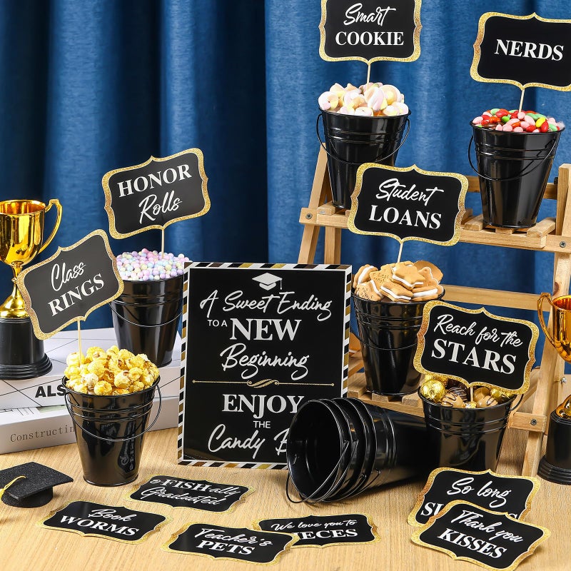 Jingmore 12 Set 2026 Graduation Candy Buffet Party Decoration Graduation Table Candy Bar Snack Labels Signs and 5'' Buckets with Handle for Class of 2026 Party Parties Supplies(Pure Style,Black) - Image 5