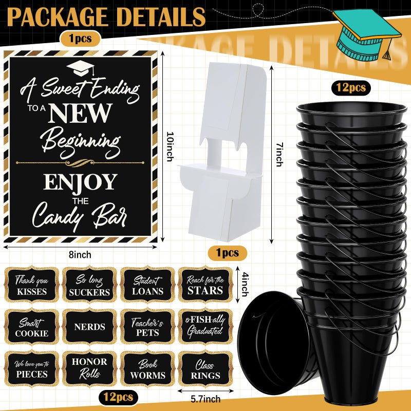 Jingmore 12 Set 2026 Graduation Candy Buffet Party Decoration Graduation Table Candy Bar Snack Labels Signs and 5'' Buckets with Handle for Class of 2026 Party Parties Supplies(Pure Style,Black) - Image 2