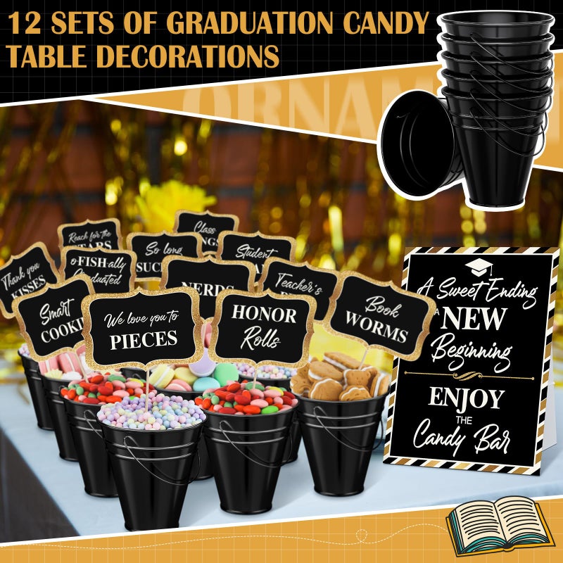 Jingmore 12 Set 2026 Graduation Candy Buffet Party Decoration Graduation Table Candy Bar Snack Labels Signs and 5'' Buckets with Handle for Class of 2026 Party Parties Supplies(Pure Style,Black) - Image 4