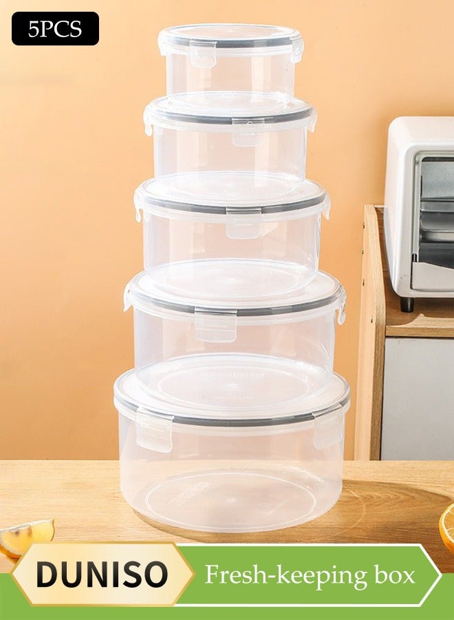 DUNISO 5 Pieces of  Plastic Food storage containers,stackable round fresh keeping box set, kitchen sealed bento box, with snap lock lid, easy to clean，suitable for microwave ovens, refrigerators, cabinets, clear - Image 1