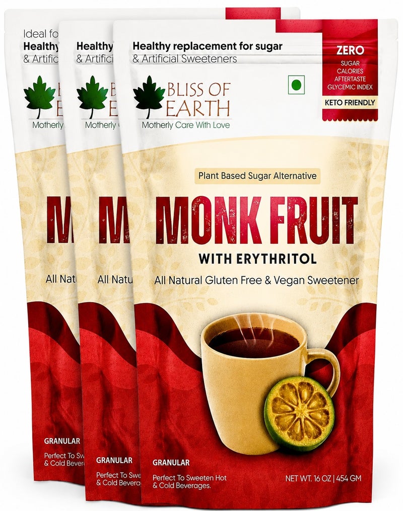 Bliss of Earth Monk Fruit Sweetener with Erythritol 454g, Pack of 3, Zero Sugar, Zero Calories & Zero Glycemic Index, Natural Sugar Substitute for Keto Diet, Vegan, Gluten Free Sweetener for Tea, Coffee, Baking & Cooking - Image 1