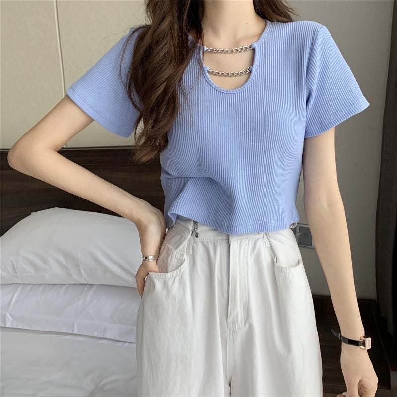 plus size Short-sleeved T-shirt Women's Summer 2022 New chubby girl Design High Waist Navel-exposed Short Sweet Hot Top Ins Trendy - Image 1