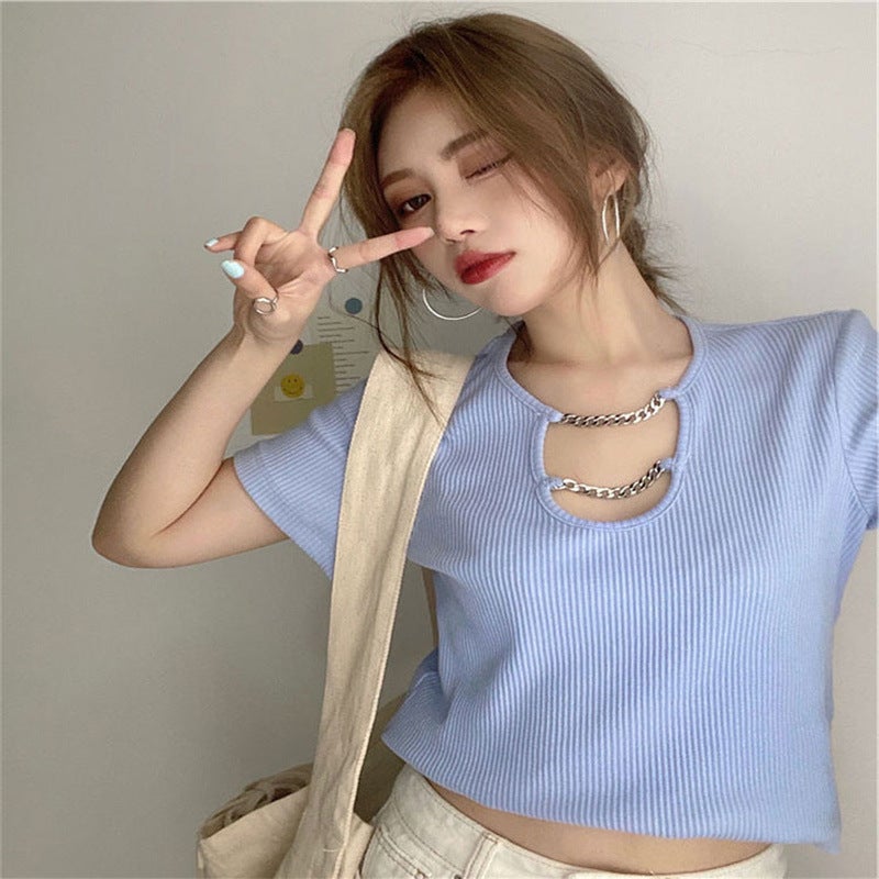 plus size Short-sleeved T-shirt Women's Summer 2022 New chubby girl Design High Waist Navel-exposed Short Sweet Hot Top Ins Trendy - Image 5
