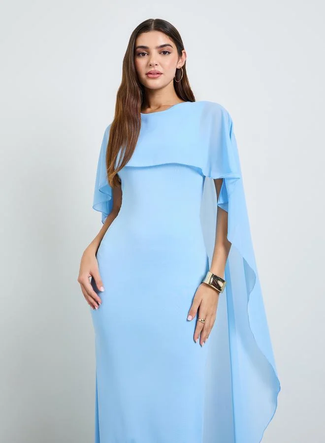 Take Two Blue Solid Maxi Dress With Cape Sleeves