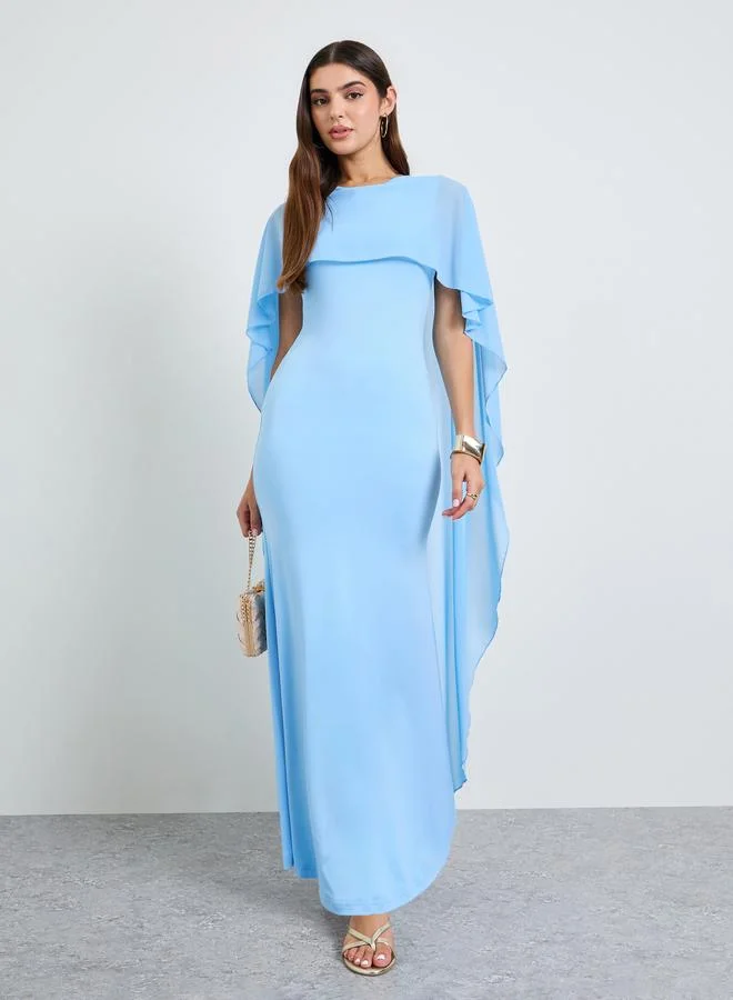 Take Two Blue Solid Maxi Dress With Cape Sleeves