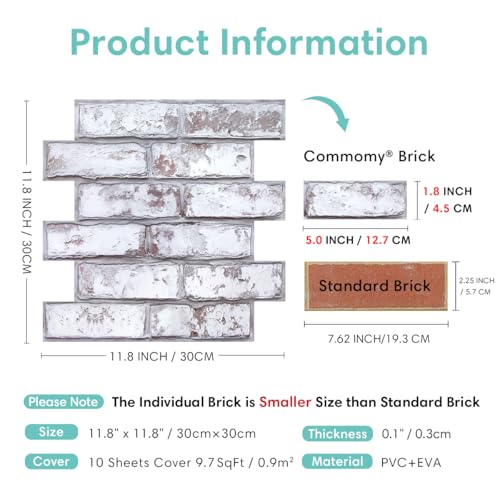 Commomy 10 Pcs 3D Faux Brick Wall Panels -11.8"X11.8" Small Size PVC Brick Peel and Stick Tiles Backsplash DIY Brick Wallpaper Wall Tile for Bedroom, Living Room, Kitchen, Fireplace, RV - Image 5