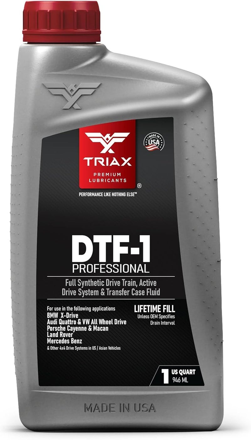 TRIAX DTF-1 Professional سائل علبة النقل الاصطناعي الكامل، تعبئة مدى الحياة، لجميع الفصول حتى -60 درجة فهرنهايت، متوافق مع BMW Xdrive، Audi/VW Quattro، Range Rover، Ford، Porsche والعديد من أنظمة الدفع الرباعي (1 كوارت) - Image 1