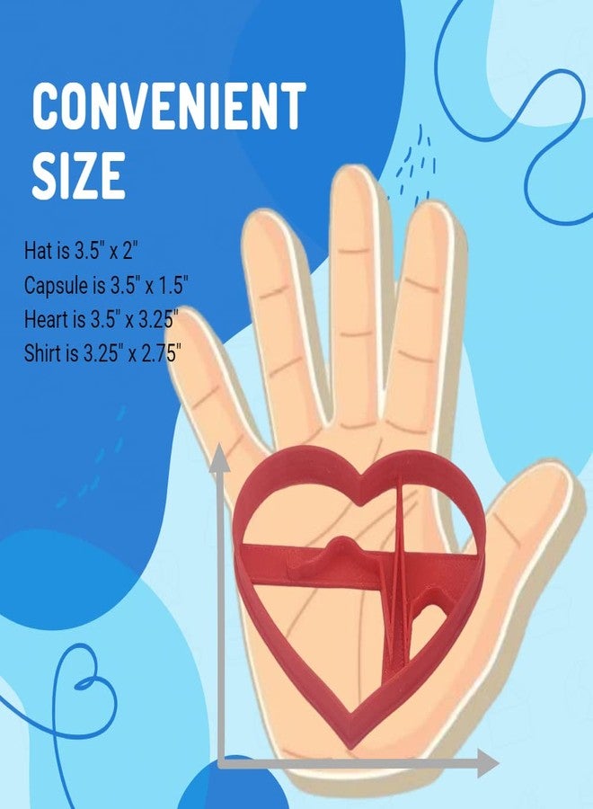 Heart's Treasure قوالب تقطيع بسكويت طبية/رعاية صحية/مسعف/متخصص في الإسعافات الأولية من هارتس تريجر. تتضمن قوالب تقطيع بسكويت على شكل قميص طبيب، وكبسولة/حبة دواء، وقبعة ممرضة، وقلب ينبض (عبوة من 4 قطع). - Image 4