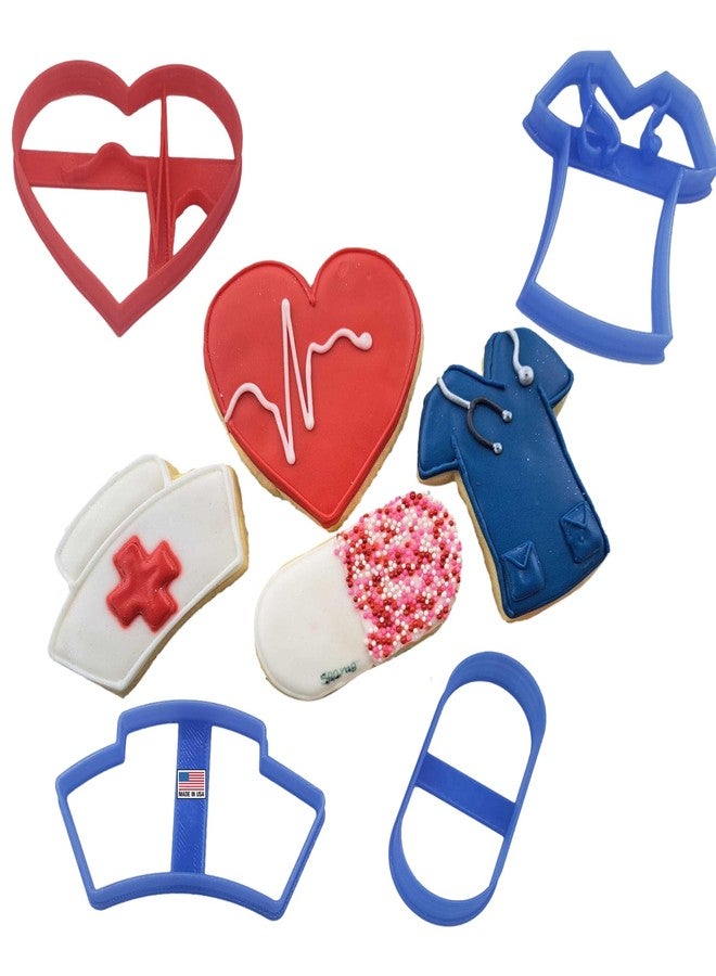 Heart's Treasure قوالب تقطيع بسكويت طبية/رعاية صحية/مسعف/متخصص في الإسعافات الأولية من هارتس تريجر. تتضمن قوالب تقطيع بسكويت على شكل قميص طبيب، وكبسولة/حبة دواء، وقبعة ممرضة، وقلب ينبض (عبوة من 4 قطع). - Image 1