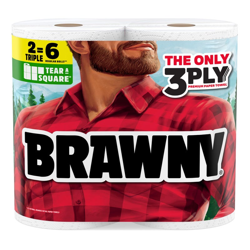 Brawny Tear-A-Square 3-Ply Paper Towels, 2 Triple Rolls = 6 Regular Rolls, Strong, Absorbent, and Durable with 3 Sheet Sizes (Quarter, Half, Full) - Image 1
