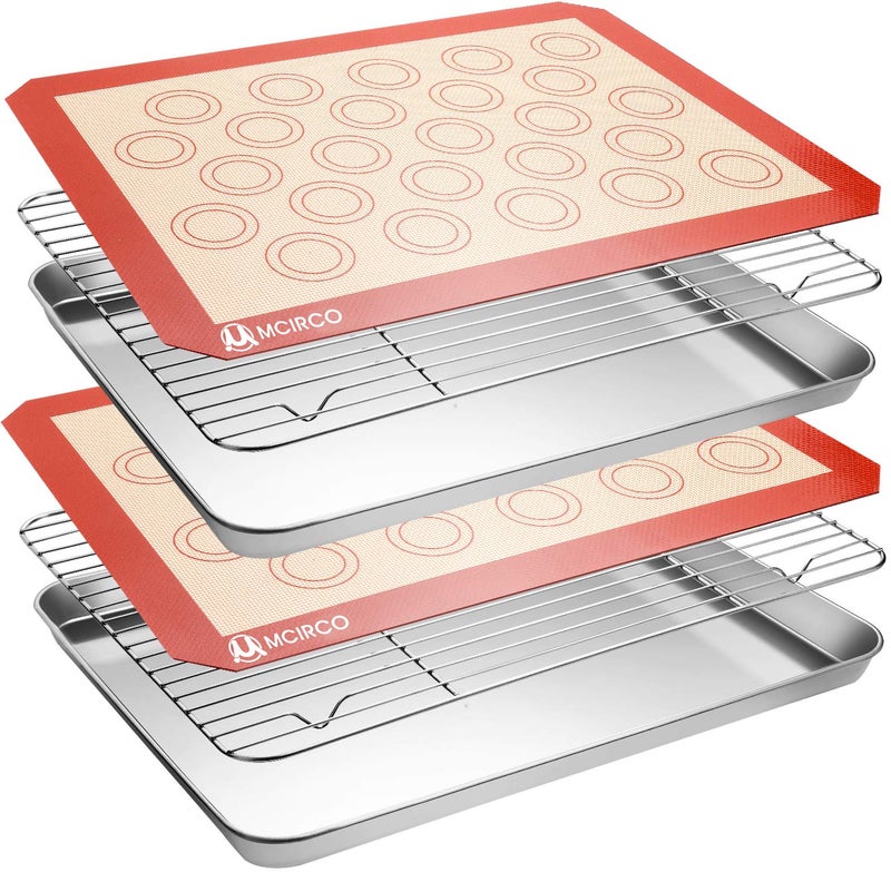 M MCIRCO MCIRCO 6 Piece Stainless Steel Baking Sheet with Rack with Silicone Baking Mat Set (2 Pans + 2 Racks + 2 Mats), 17.3 x 13 x 1 Inch Cookie Sheet with Cooling Rack, Easy Clean - Image 1