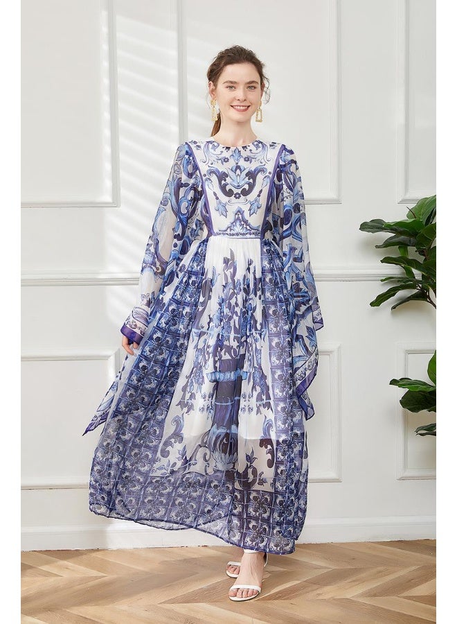 مدام يونيك فستان بأكمام طويلة مزخرف بتصميم خزفي أزرق تقليدي - Image 3