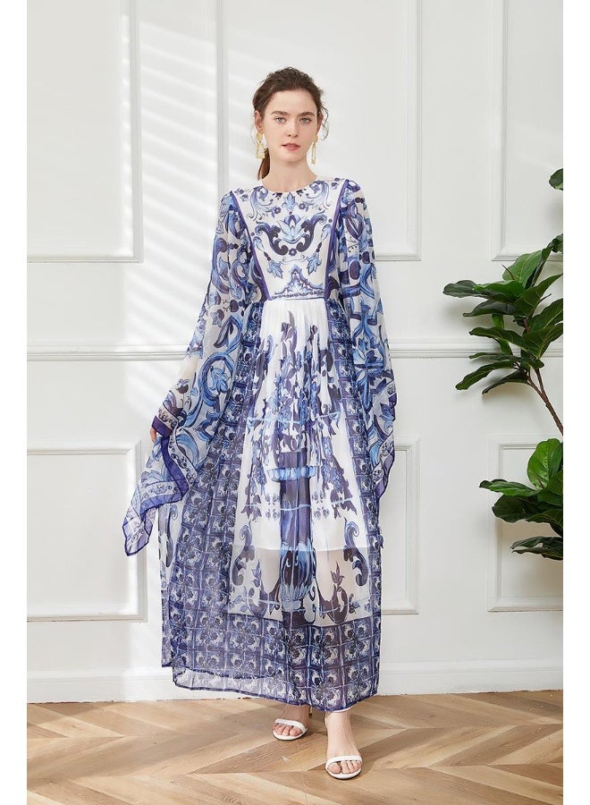 مدام يونيك فستان بأكمام طويلة مزخرف بتصميم خزفي أزرق تقليدي - Image 1